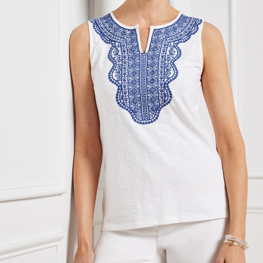 NWT Talbots Embroidered Split Neck Tank White Blue XL‎ Resort Casual Minimalist